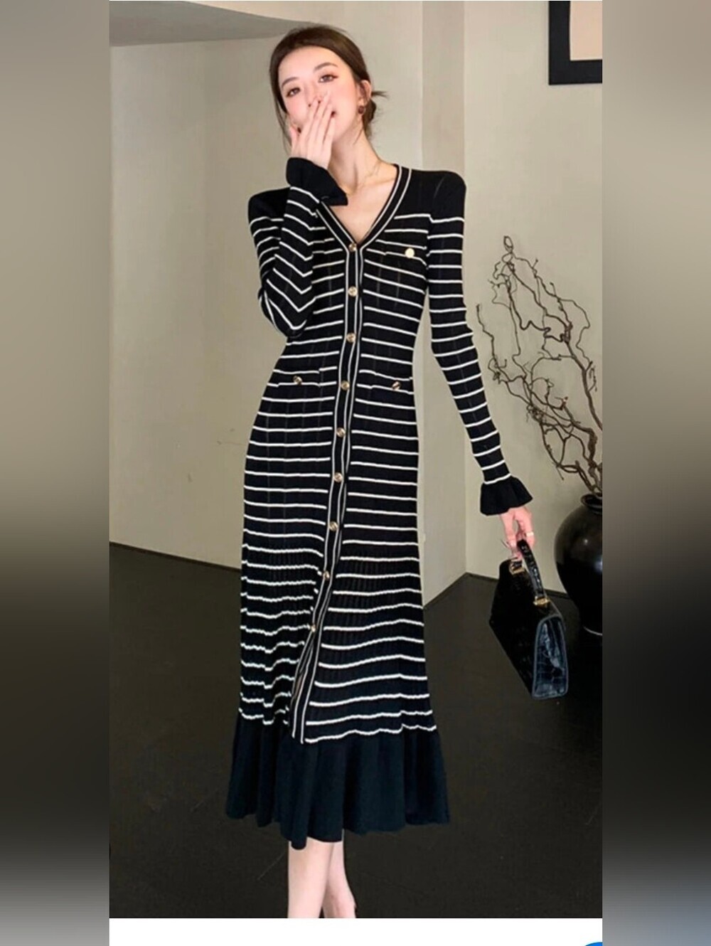 Sandro Elegant Black & White Striped Maxi Knit Dress with Button Front